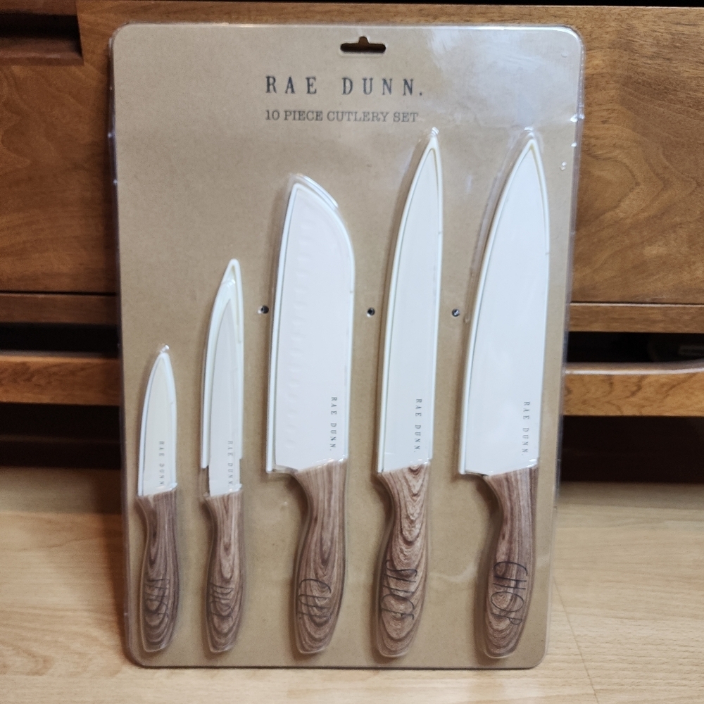 New Rae Dunn Knife Set Cream Brown Faux Wood Handles‎